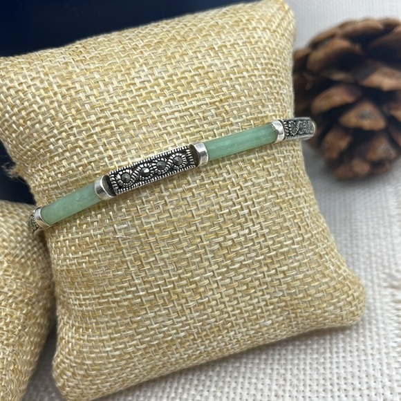 Jewelry - 20th Century 925 Sterling Silver Jadeite & Marcasite Link Bracelet